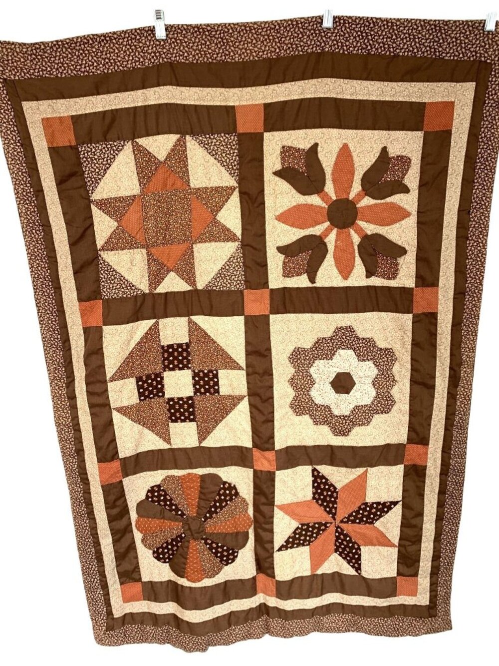 Handmade Patchwork Throw Lap Quilt Brown Orange Floral 36" X 52" Country READ
